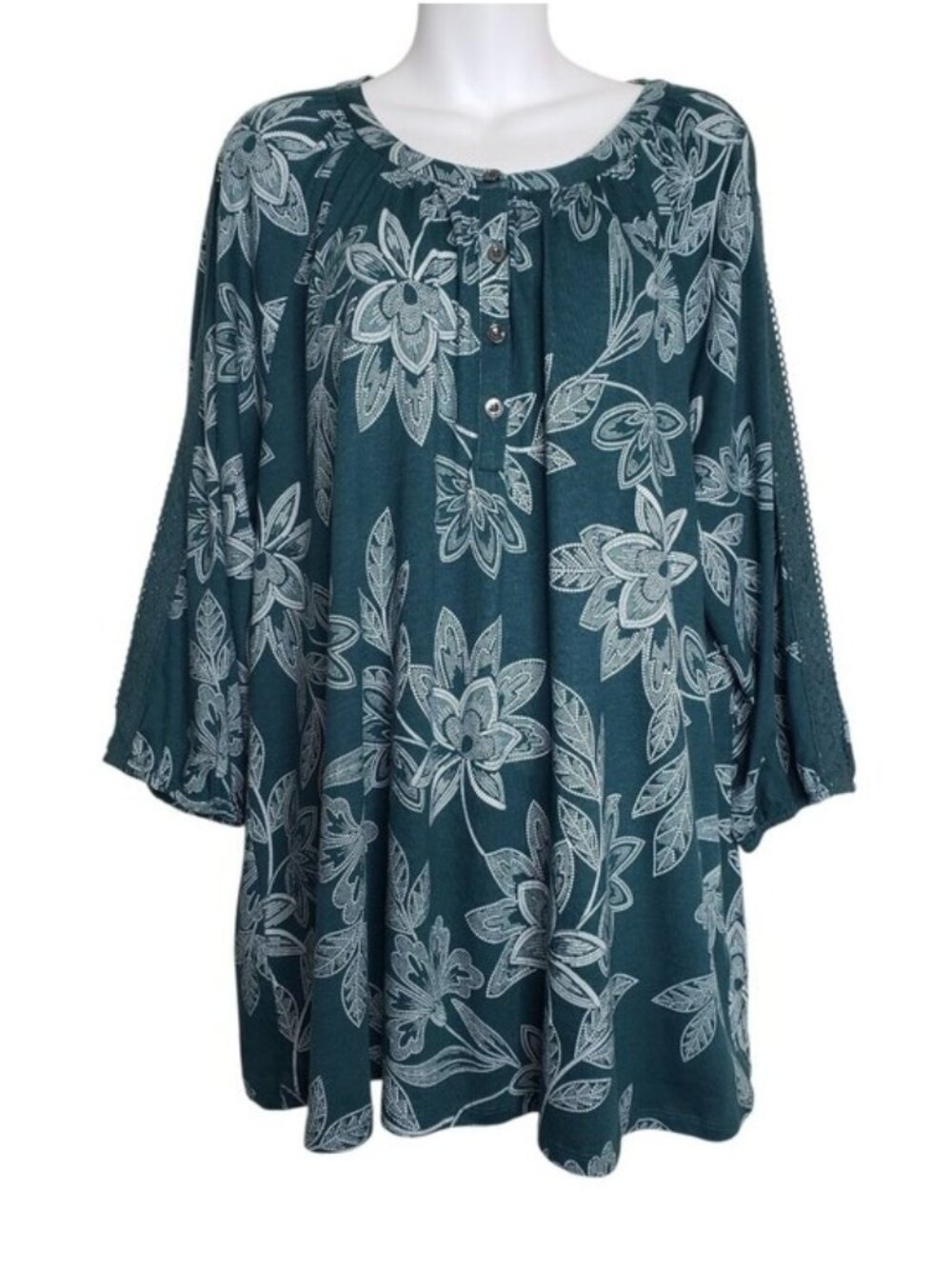 CJ Banks Green & White Floral Print Pullover Blouse Top Women's Size 2X NWT